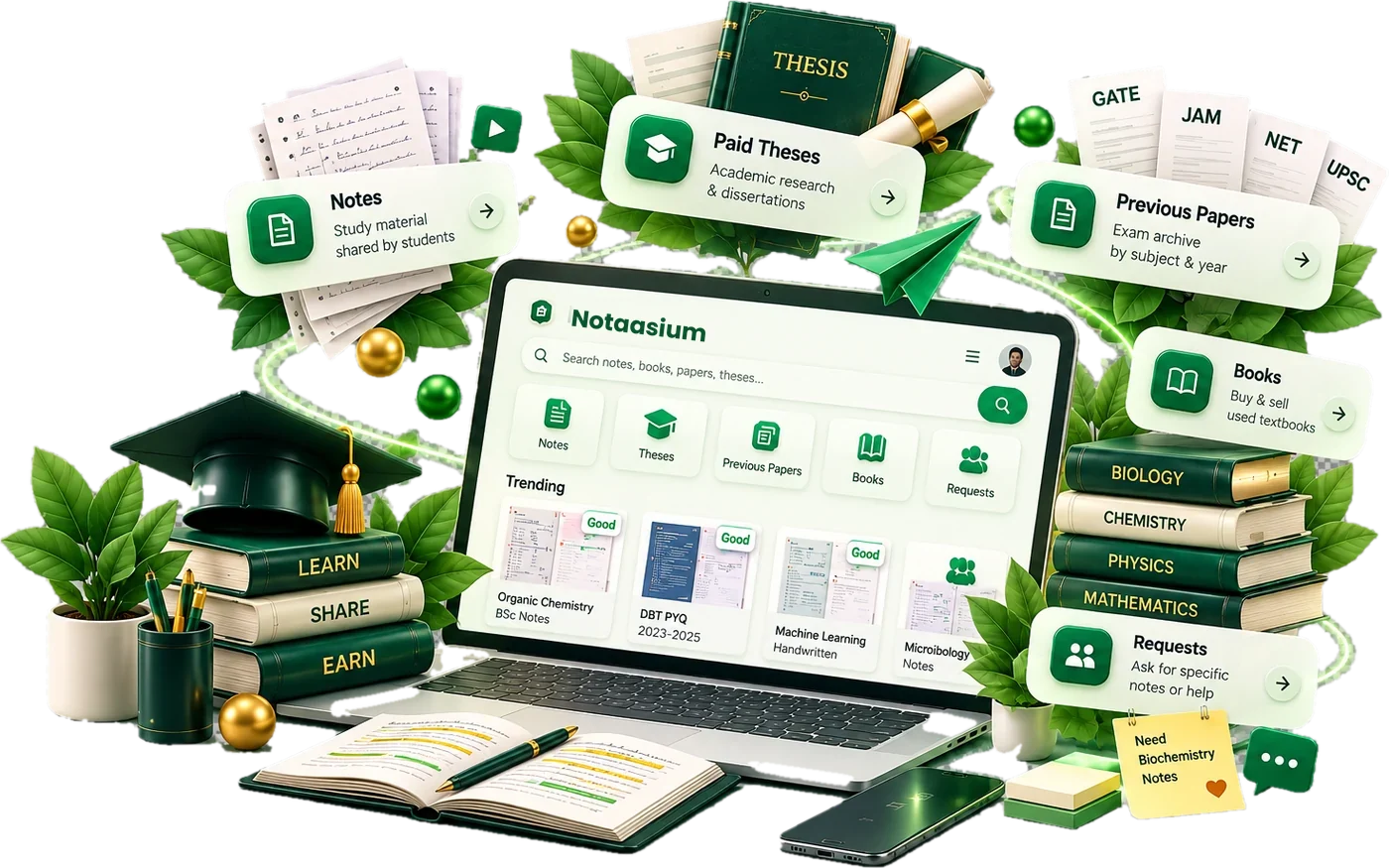 Notaasium study hub: notes, paid theses, previous papers, books and requests around a laptop on a student desk